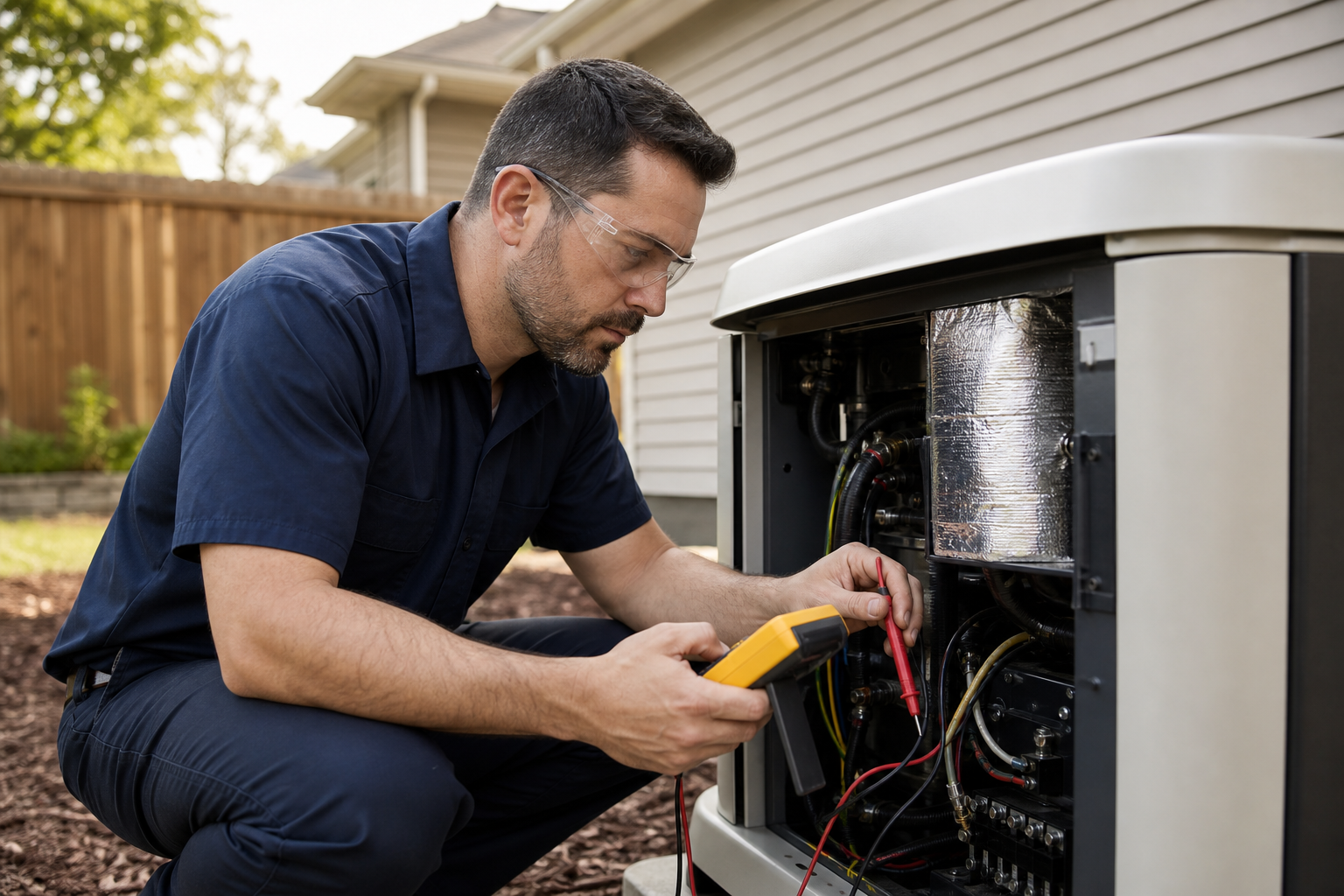 Certified electrician servicing a standby generator